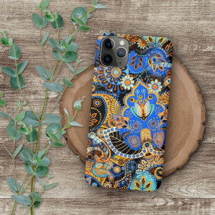 Cute Chic Blue Oranje Retro Paisley Floral Pattern Case-Mate iPhone Case