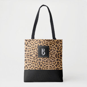 Cute Chic Leopard Animal Print Brown Black Initiaa Tote Bag