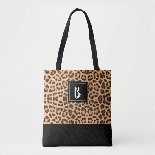 Cute Chic Leopard Animal Print Brown Black Initiaa Tote Bag (Voorkant)