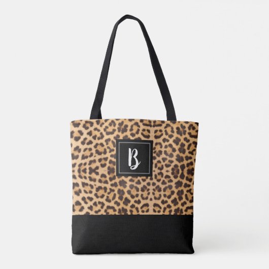 Cute Chic Leopard Animal Print Brown Black Initiaa Tote Bag (Achterkant)