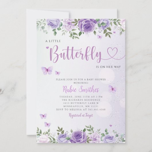 Cute Chic Paars Floral Butterfly Girl Baby shower Kaart (Voorkant)