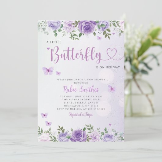 Cute Chic Paars Floral Butterfly Girl Baby shower Kaart (Staand voorkant)
