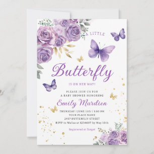 Cute Chic Paars Floral Butterfly Girl Baby shower Kaart