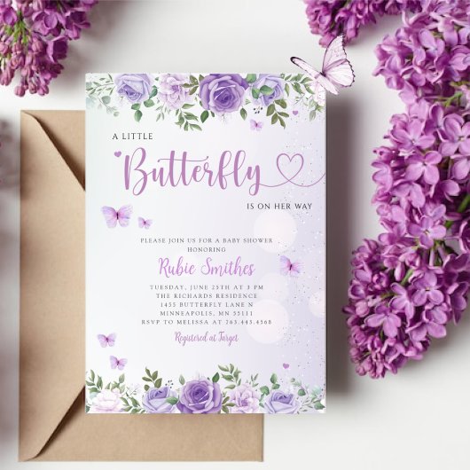 Cute Chic Paars Floral Butterfly Girl Baby shower Kaart