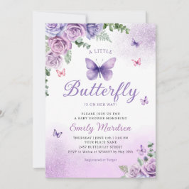 Cute Chic Paars Floral Butterfly Girl Baby shower Kaart