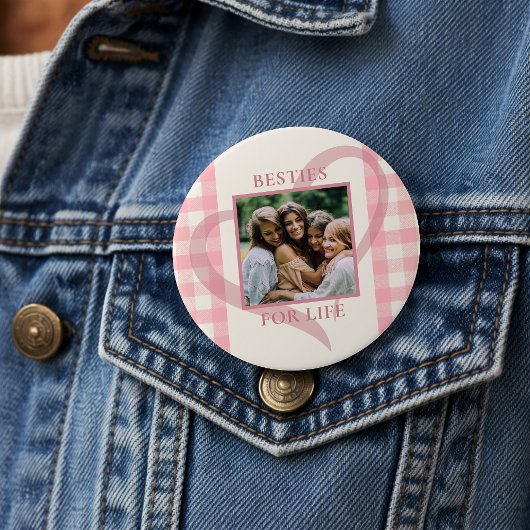 Cute Chic Pink Check Photo Besties Galentine's Day Ronde Button 7,6 Cm
