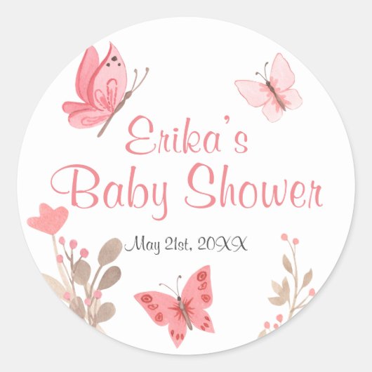 Cute Chic Pink Floral Butterflies Baby shower Ronde Sticker (Voorkant)