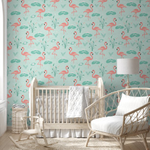 Cute Chic Roze Flamingo's In Een Vijver Patroon Behang