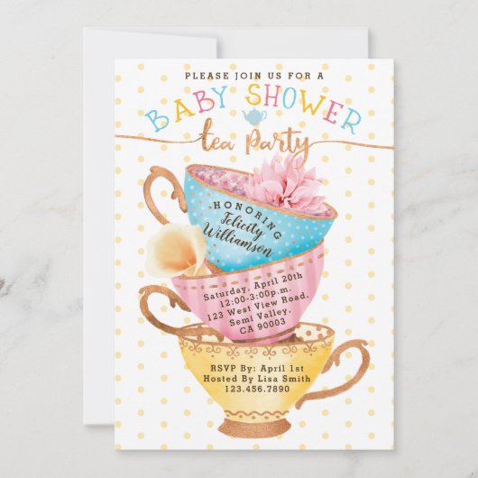 Cute  Chic Tea Party Baby shower Invitation Kaart (Voorkant)