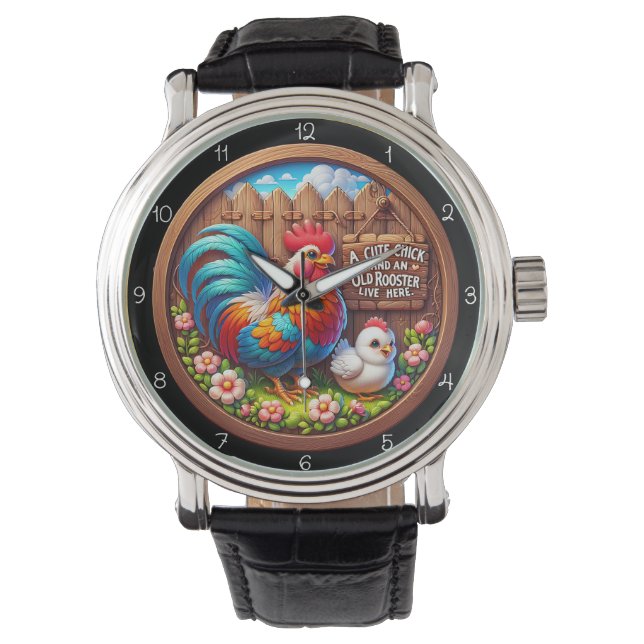 Cute Chick and Old Rooster. Horloge (Voorkant)