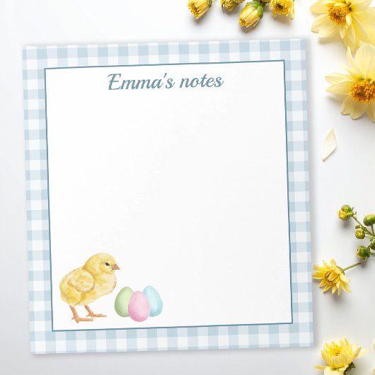 Cute Chick And Pastel Eggs On Blue Gingham Easter Notitieblok