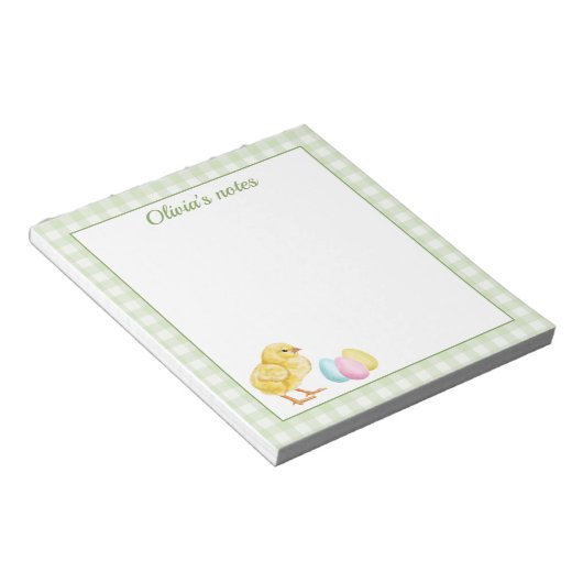 Cute Chick And Pastel Eggs On Green Gingham Easter Notitieblok (Schuin)