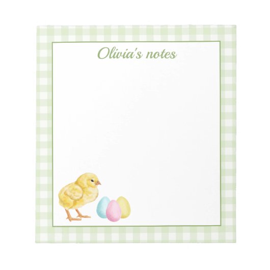 Cute Chick And Pastel Eggs On Green Gingham Easter Notitieblok (Voorkant)