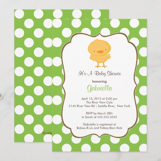 Cute Chick Baby shower Invitation Green Girl Boy Kaart (Voorkant / Achterkant)