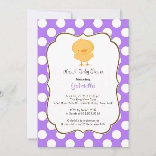 Cute Chick Baby shower Invitation Paars Girl Kaart (Voorkant)