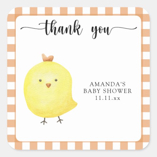 Cute Chick babyshower bedankje Vierkante Sticker (Voorkant)