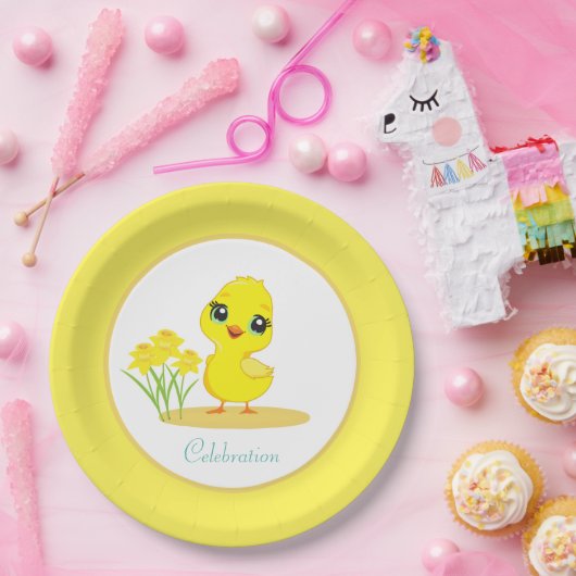 Cute Chick met bloemen op geel en wit papier Papieren Bordje (Feest)