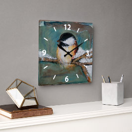 Cute Chickadee Bird Art Vierkante Klok