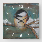 Cute Chickadee Bird Art Vierkante Klok (Voorkant)