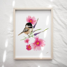 Cute Chickadee Bird Flowers Art Print