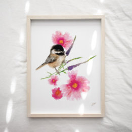 Cute Chickadee Bird Flowers Art Print