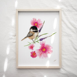 Cute Chickadee Bird Flowers Art Print