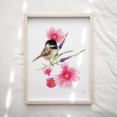 Cute Chickadee Bird Flowers Art Print