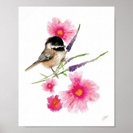 Cute Chickadee Bird Flowers Art Print (Voorkant)