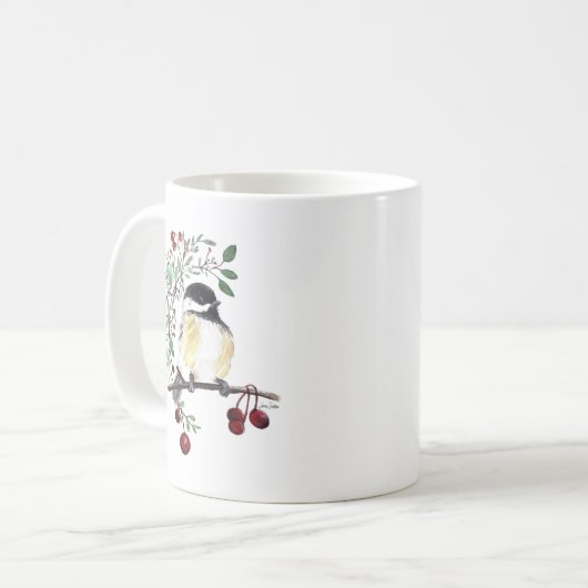Cute Chickadee Bird Waterverf Art Coffee Mok (Voorkant links)