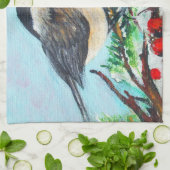 Cute Chickadee Bird with berries on Branch Theedoek (Gevouwen)