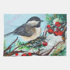 Cute Chickadee Bird with berries on Branch Theedoek