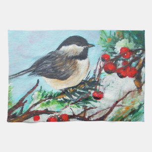 Cute Chickadee Bird with berries on Branch Theedoek