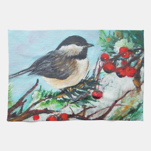 Cute Chickadee Bird with berries on Branch Theedoek (Horizontaal)