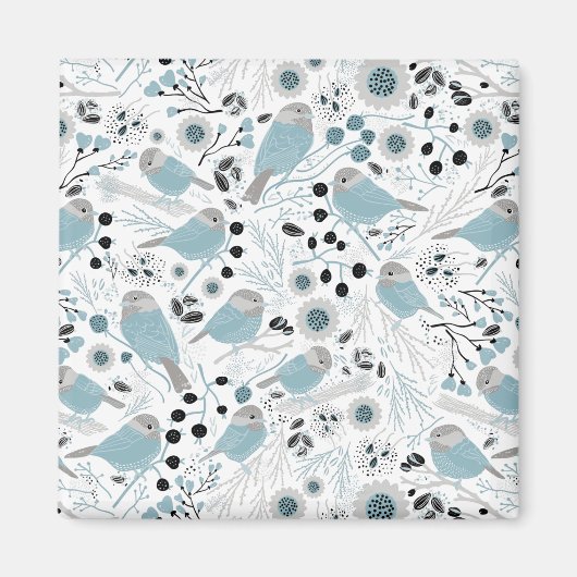 Cute Chickadee Birds Blue Gray Flowers Berries Magneet (Voorkant)