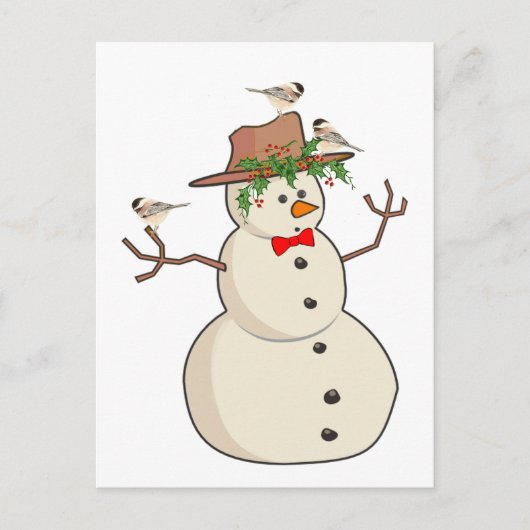 Cute Chickadee en Snowman, Winter Birds Feestdagenkaart (Voorkant)