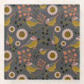 Cute Chickadee Gold Pink Black Berries Flowers Glazen Onderzetter (Voorkant)