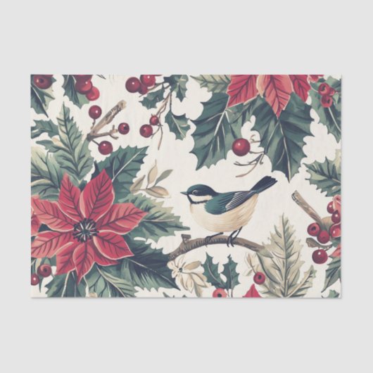 Cute Chickadee on a Holly Branch with Poinsettias Tissuepapier (Voorkant)
