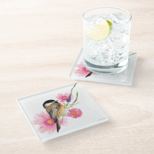 Cute Chickadee Pink Flowers Waterverf Glazen Onderzetter (Schuin)