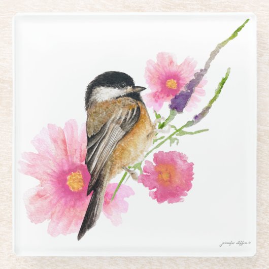 Cute Chickadee Pink Flowers Waterverf Glazen Onderzetter (Voorkant)