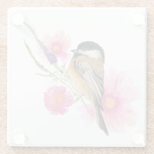 Cute Chickadee Pink Flowers Waterverf Glazen Onderzetter (Achterkant)