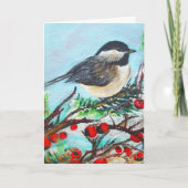 Cute Chickadee Red Berries Winter Note Kaart (Voorkant)