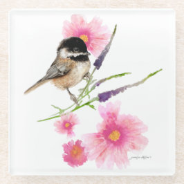 Cute Chickadee Waterverf Flowers Glazen Onderzetter