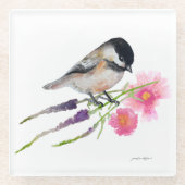 Cute Chickadee Waterverf Pink Flowers Glazen Onderzetter (Voorkant)