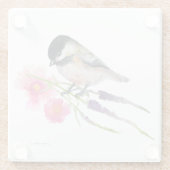Cute Chickadee Waterverf Pink Flowers Glazen Onderzetter (Achterkant)