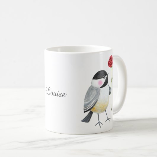 Cute Chickadee with a single red rose Custom Name  Koffiemok (Voorkant rechts)