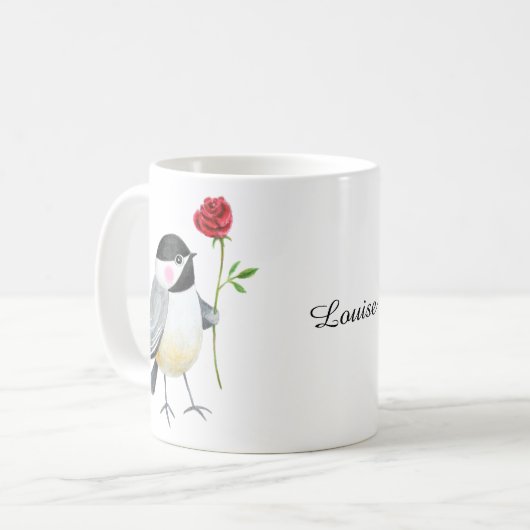 Cute Chickadee with a single red rose Custom Name  Koffiemok (Voorkant links)