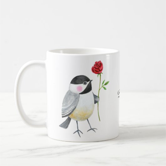 Cute Chickadee with a single red rose Custom Name  Koffiemok (Links)