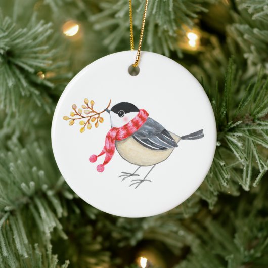 Cute Chickadee with Golden Sprig Personalized name Keramisch Ornament (Boom)