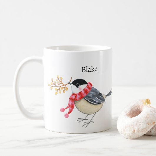 Cute Chickadee with Scarf Bringing Gift Custom Koffiemok (Met donut)