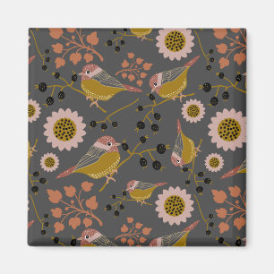 Cute Chickadees Gold Pink Berries Flowers Magneet